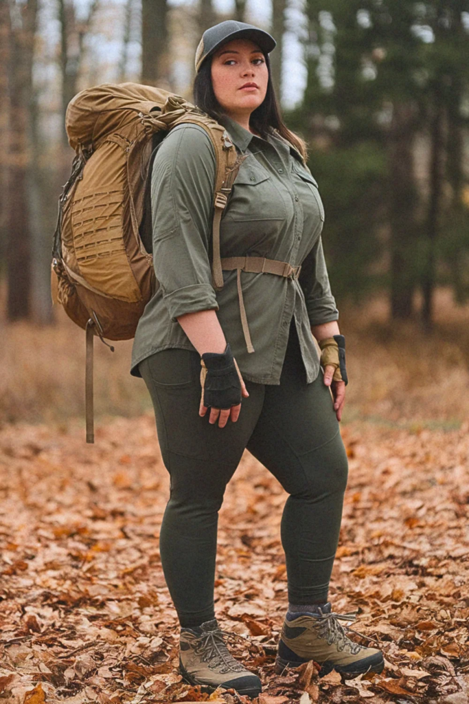 Plus Size Fall Utility Shirt with Insulated Leggings Hiking Outfit