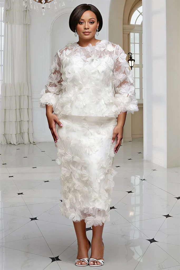 Plus Size White 3D Floral Appliqué Two-Piece Bodycon Set
