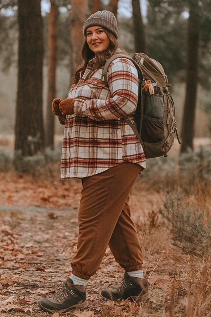 Plus Size Fall Plaid Flannel with Hiking Joggers Hiking Outfit