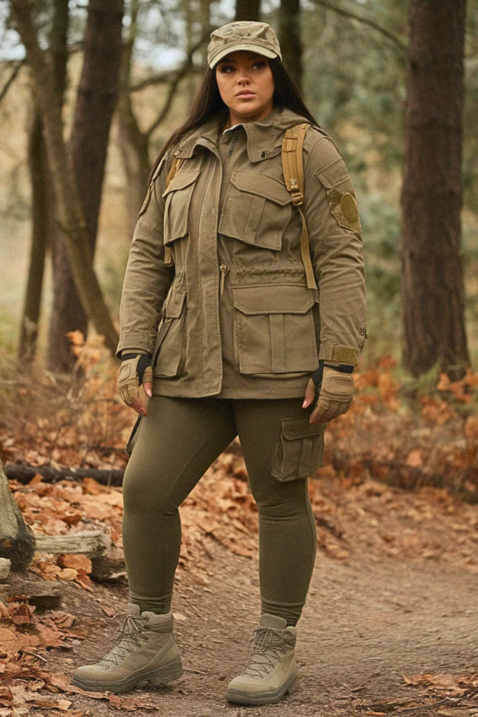 Plus Size Fall Military Jacket with Cargo Leggings Hiking Outfit