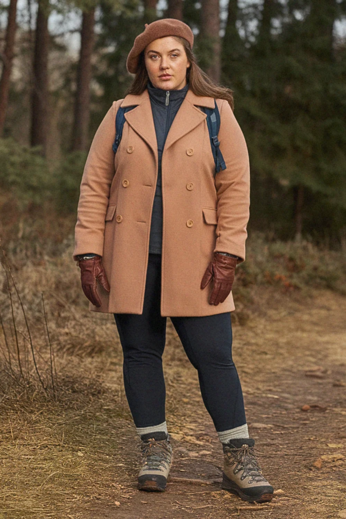 Plus Size Fall Peacoat with Hiking Tights Hiking Outfit