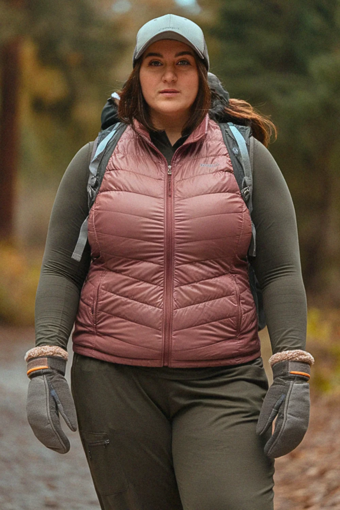 Plus Size Fall Puffer Vest with Fleece Pants Hiking Outfit