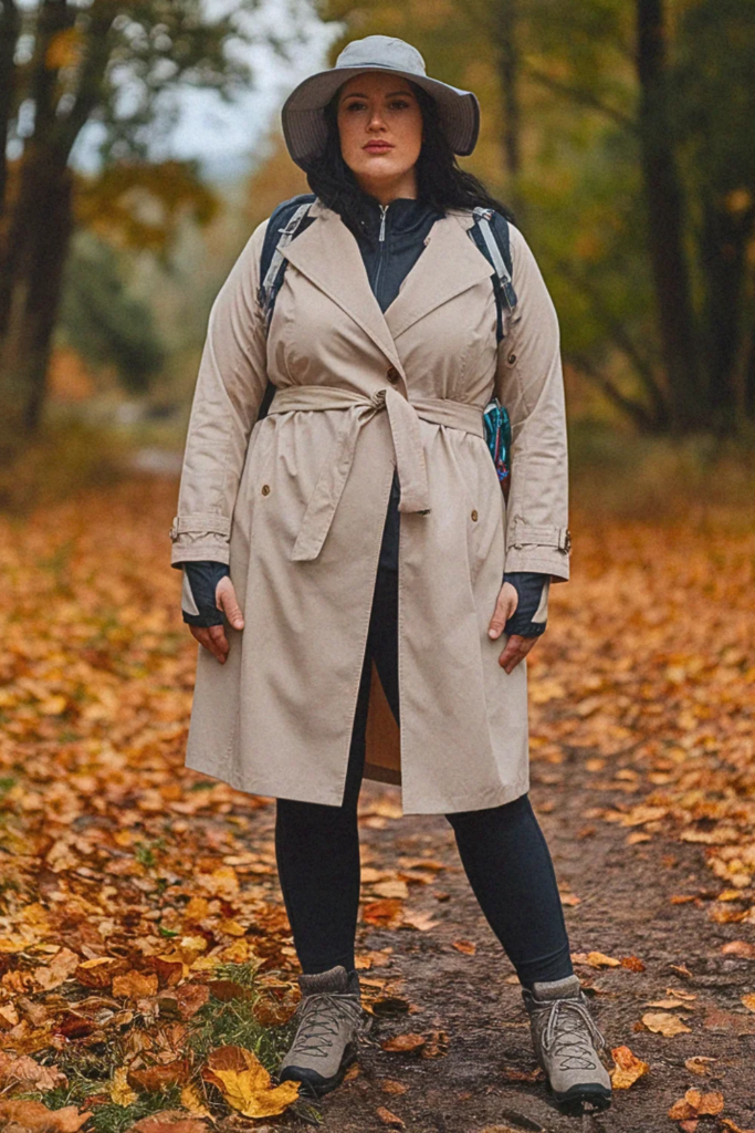 Plus Size Fall Trench Coat with Leggings Hiking Outfit