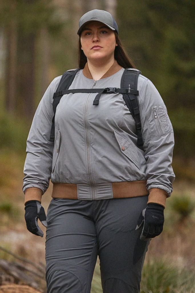 Plus Size Fall Bomber Jacket with Hiking Pants Hiking Outfit