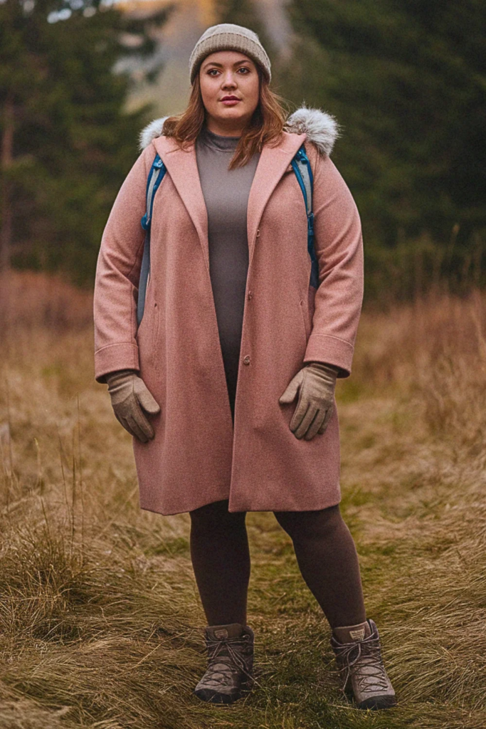 Plus Size Fall Wool Coat with Thermal Tights Hiking Outfit