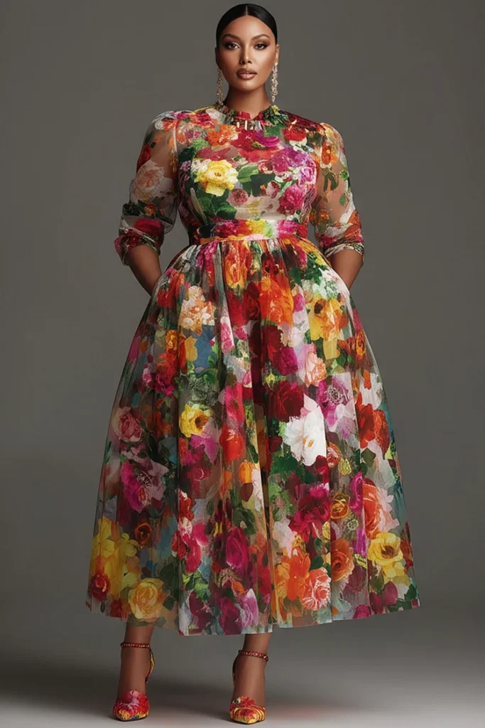 Plus Size Vibrant Floral Print Chiffon Midi Dress with Pockets