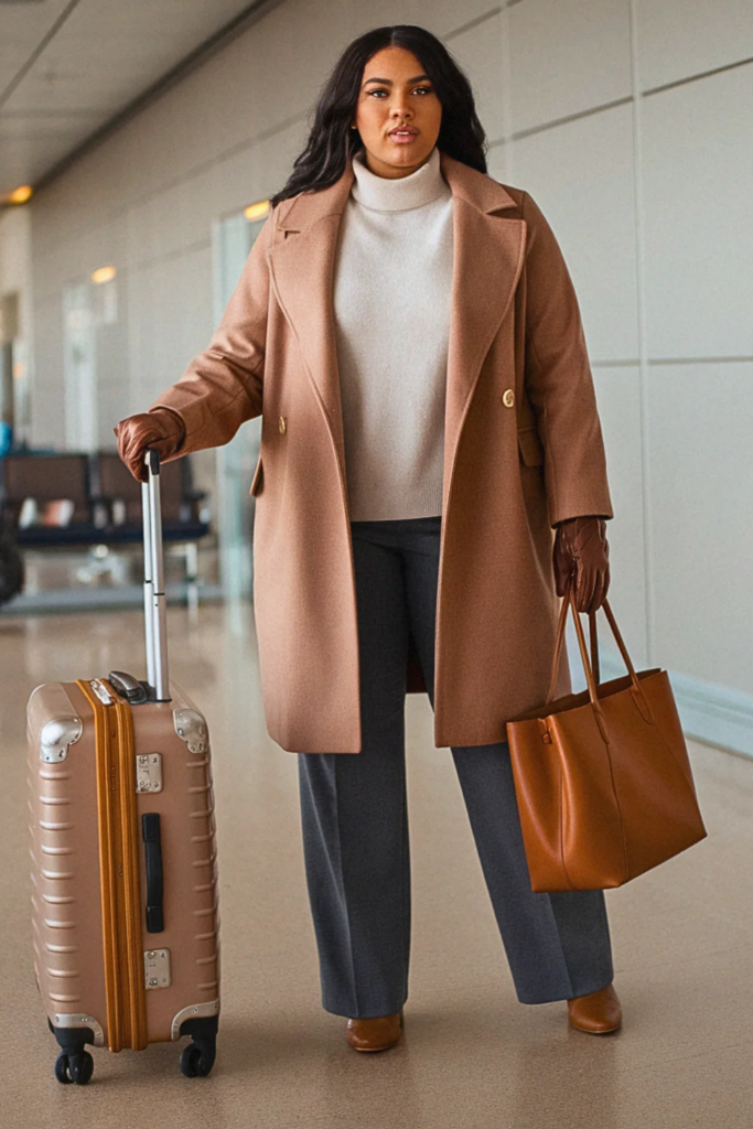 Plus Size Fall Peacoat and Straight-Leg Trouser Travel Outfit