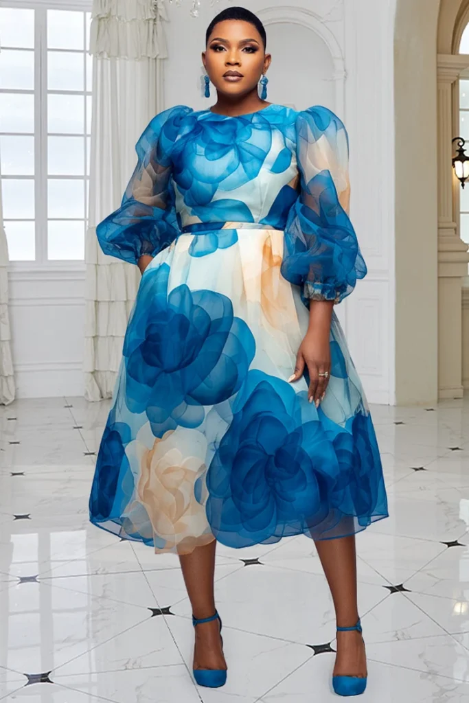 Plus Size Light Blue Oversized Floral Organza Midi Dress