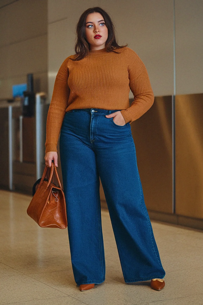 Plus Size Fall Crew Neck Sweater and Wide-Leg Jean Travel Outfit