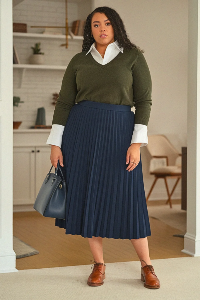 Plus Size Preppy Button-Down and Pleated Skirt Fall Outfit