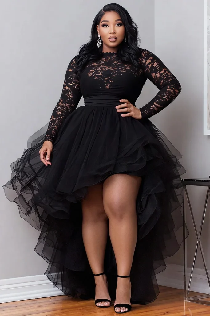 Plus Size Black Lace High-Low Tulle Dress with Dramatic Train