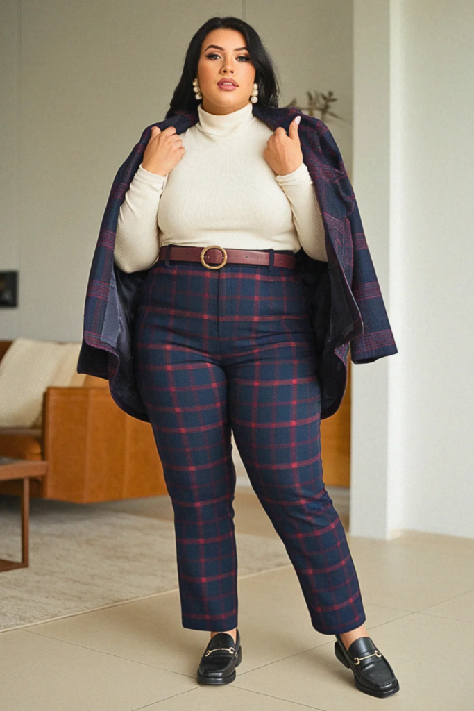 Plus Size Preppy Turtleneck and Plaid Pants Fall Outfit