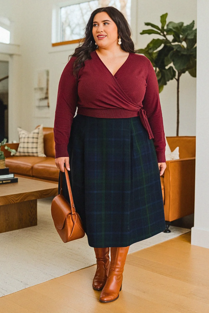 Plus Size Preppy Wrap Sweater and Plaid Skirt Fall Outfit