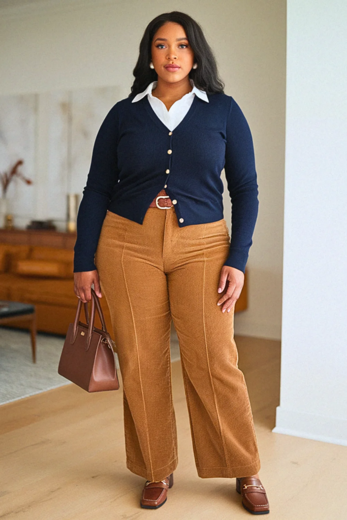 Plus Size Preppy Button-Up Cardigan and Corduroy Pants Fall Outfit
