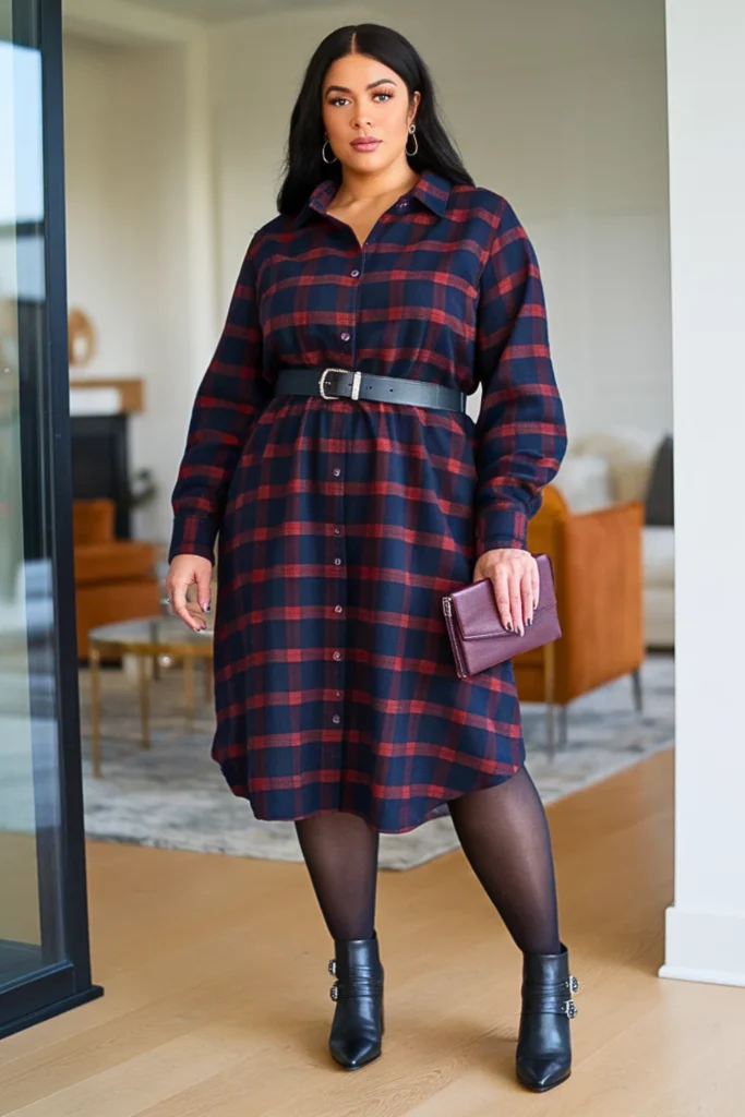 Plus Size Cute Plaid Shirt Dress Autumn Outfit