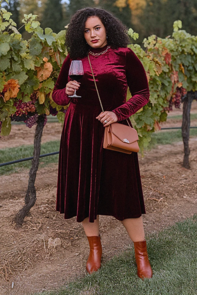 Plus Size Fall Burgundy Velvet Midi Dress Winery Outfit