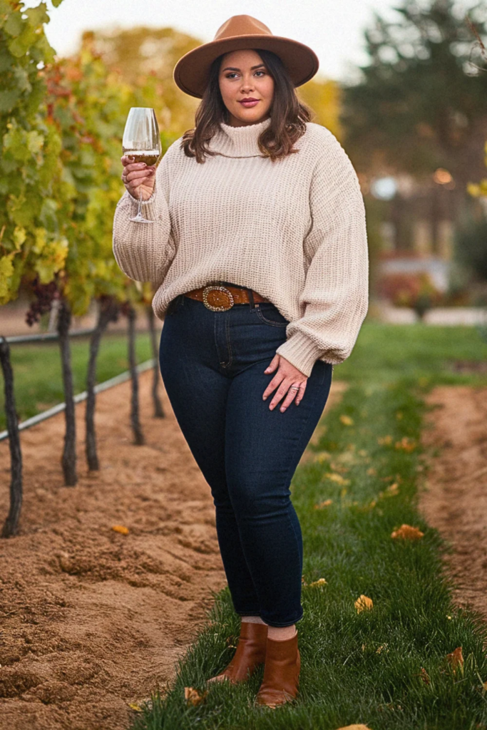 Plus Size Fall Chunky Knit Sweater Denim Winery Outfit