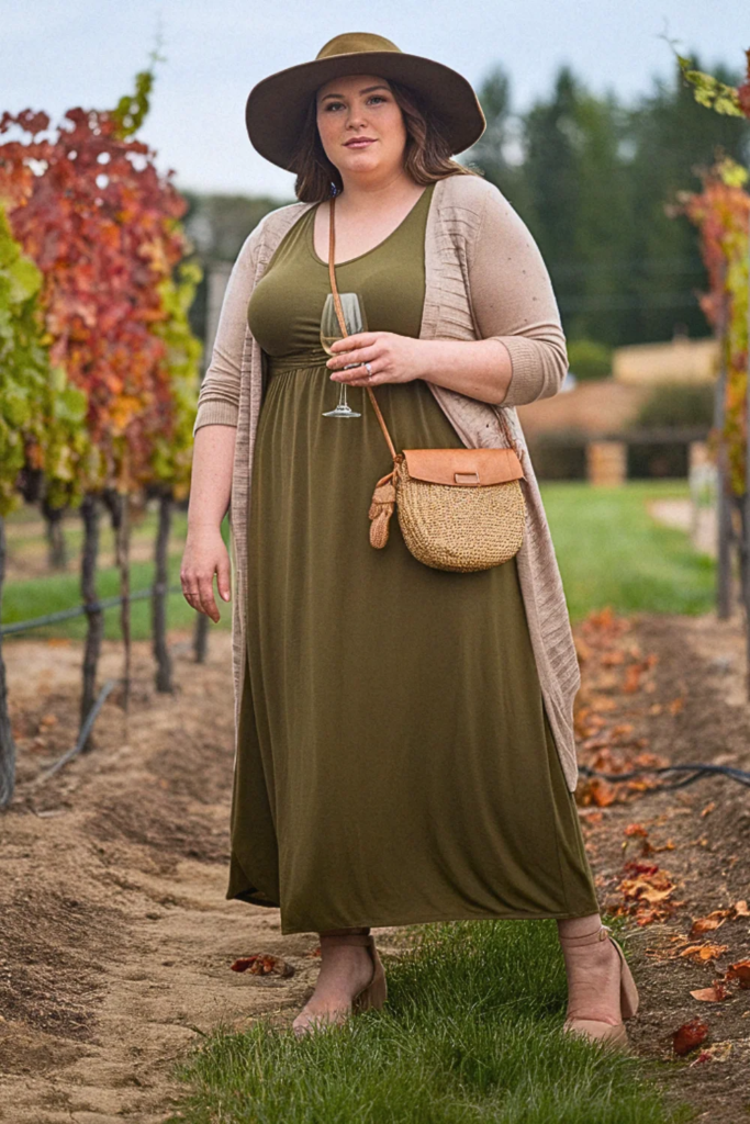 Plus Size Fall Olive Maxi Dress Wide-Brim Hat Winery Outfit