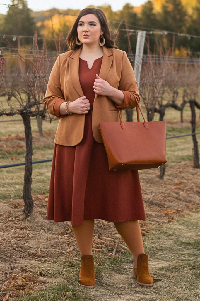 Plus Size Fall Earth Tones Midi Dress Winery Outfit