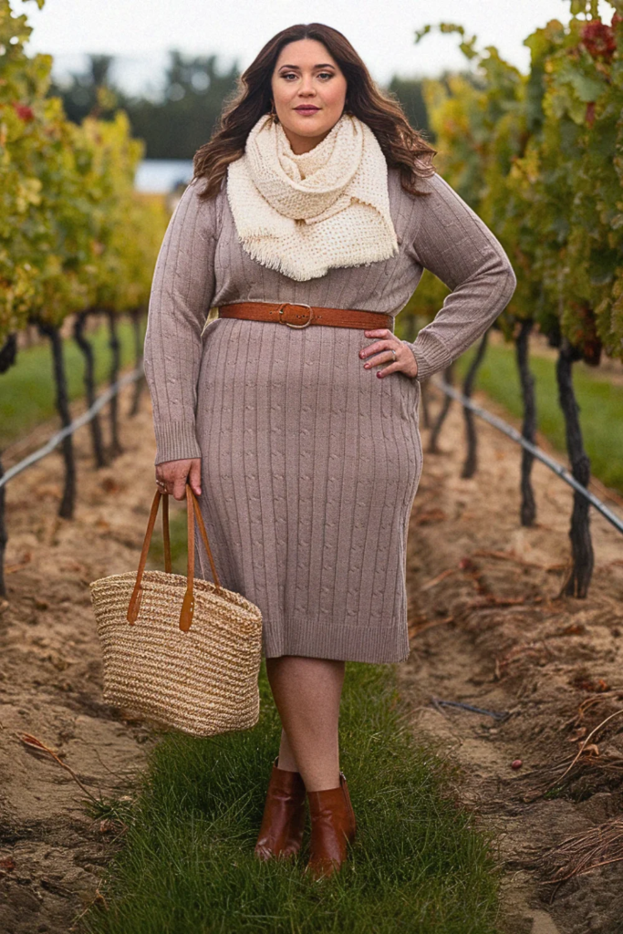 Plus Size Fall Cozy Textures Sweater Dress Winery Outfit