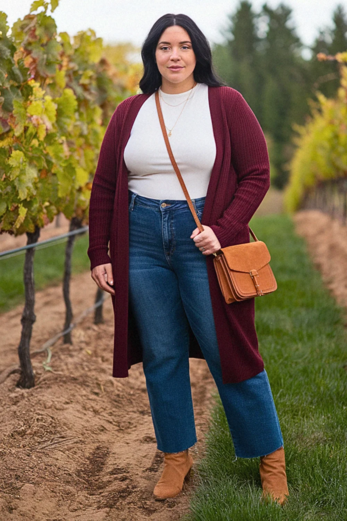 Plus Size Fall Burgundy Cardigan Denim Winery Outfit