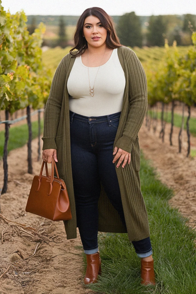 Plus Size Fall Olive Cardigan Ankle Boots Winery Outfit