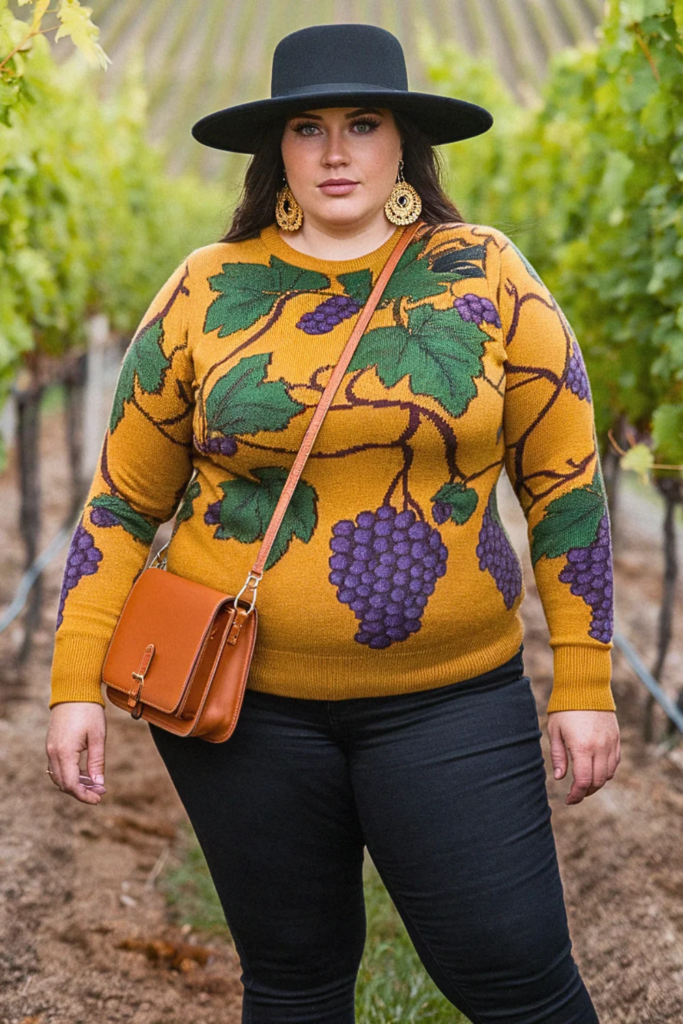 Plus Size Fall Mustard Sweater Hat Winery Outfit