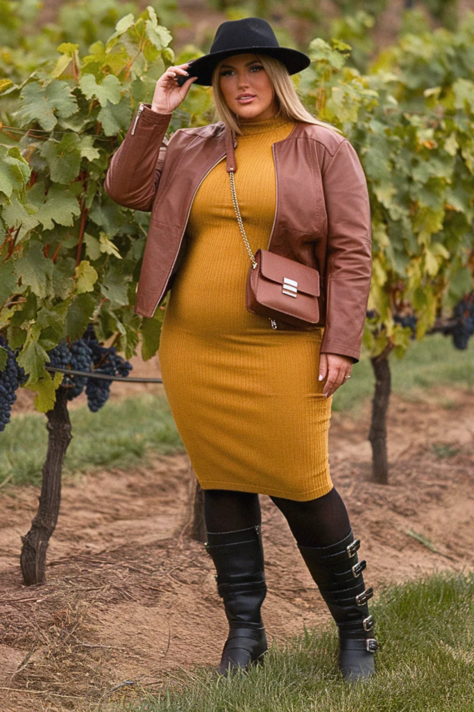 Plus Size Fall Mustard Midi Dress Boots Winery Outfit