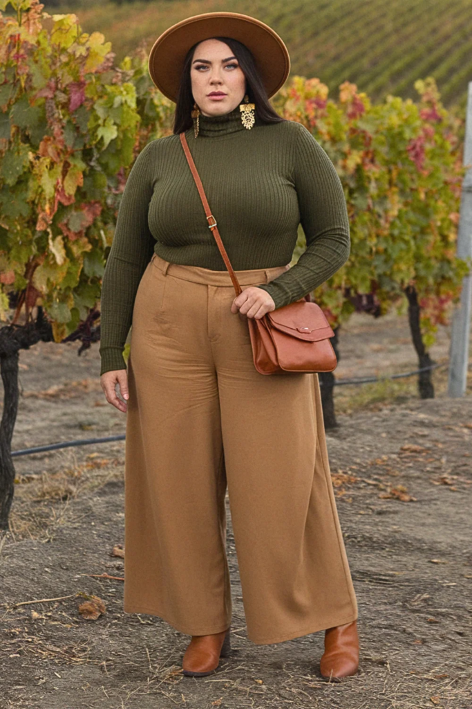Plus Size Fall Olive Sweater Wide-Brim Hat Winery Outfit