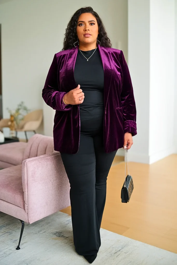 Plus Size Cute Velvet Blazer Autumn Outfit