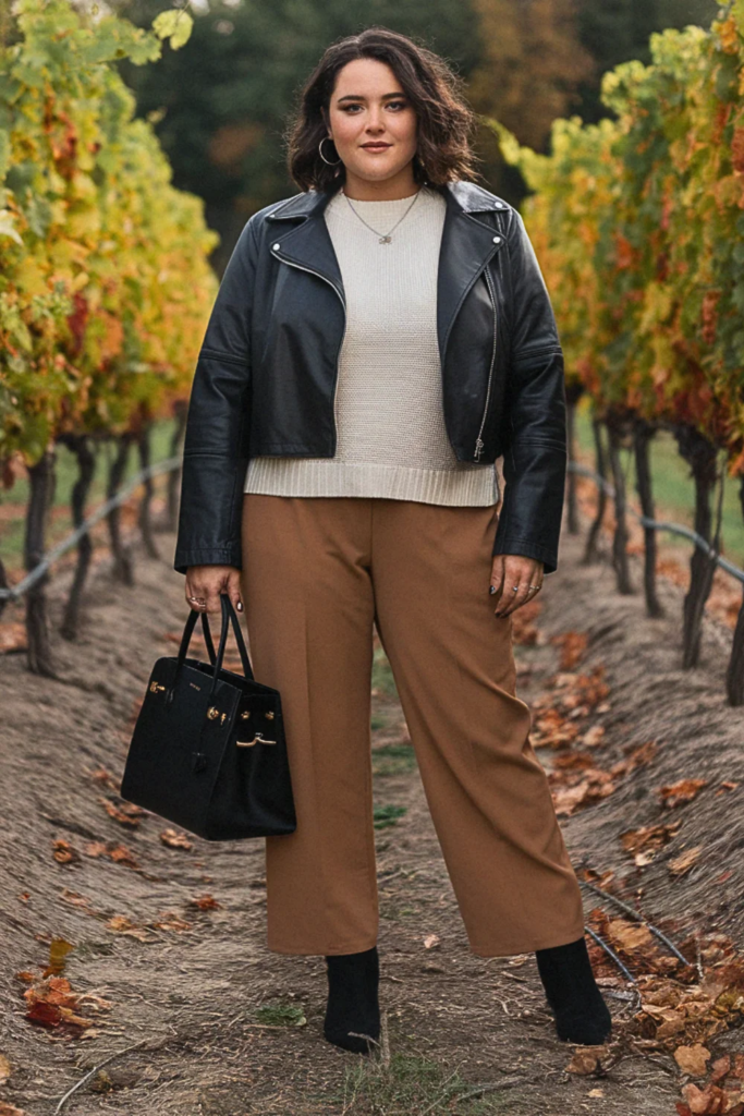 Plus Size Fall Neutral Sweater Leather Jacket Winery Outfit