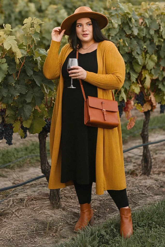 Plus Size Fall Mustard Cardigan Midi Dress Winery Outfit