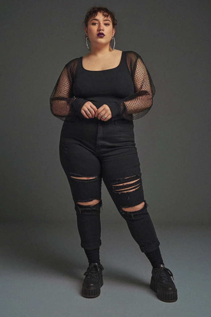 Plus Size Fall Mesh Sleeve Top Grunge Outfit