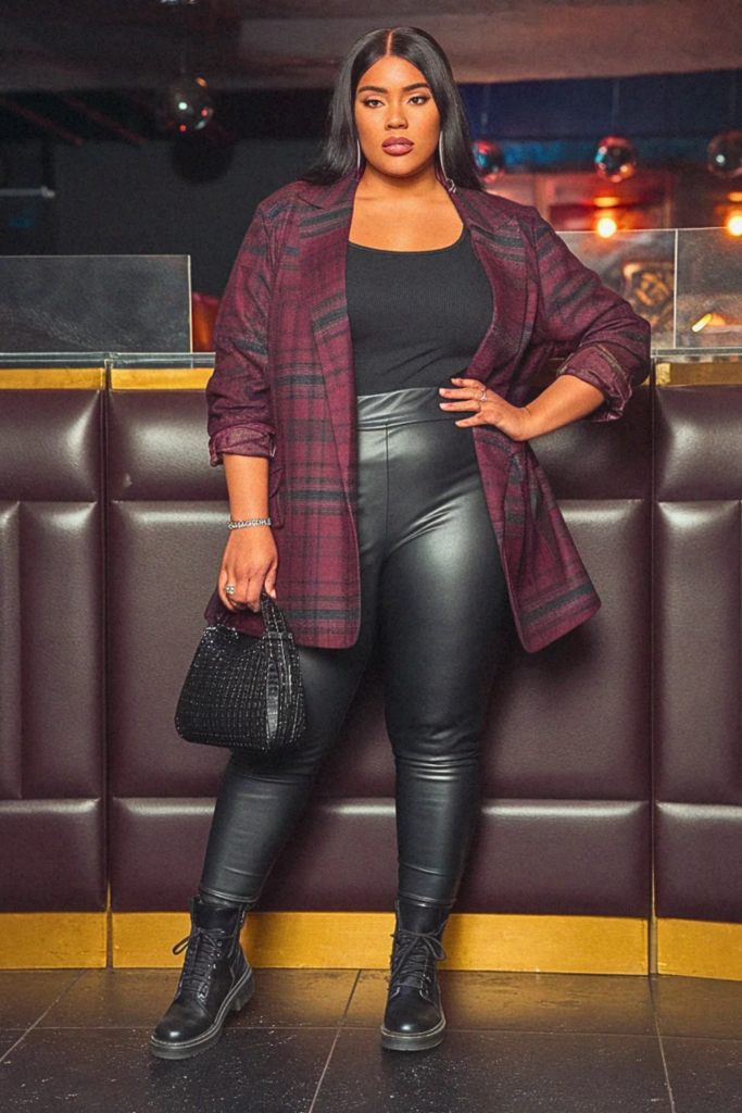 Plus Size Fall Plaid Blazer and Leather Pants Going Out Outfit
