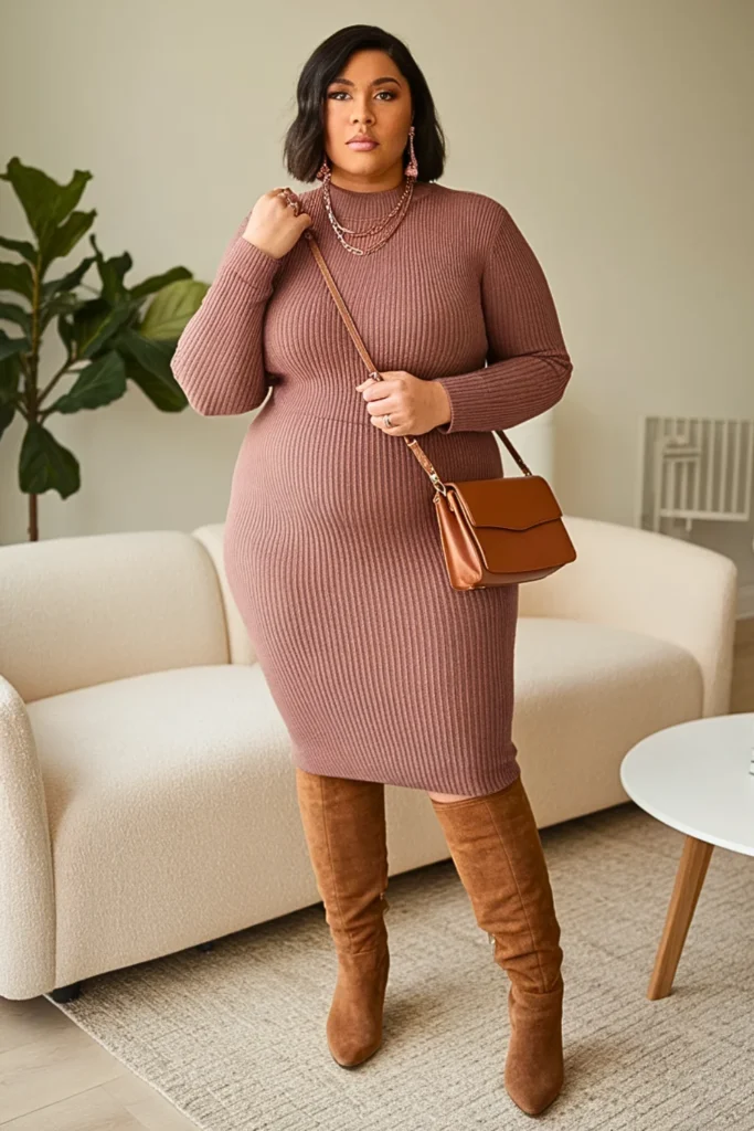 Plus Size Cute Sweater Dress With Boots Autumn Outfit