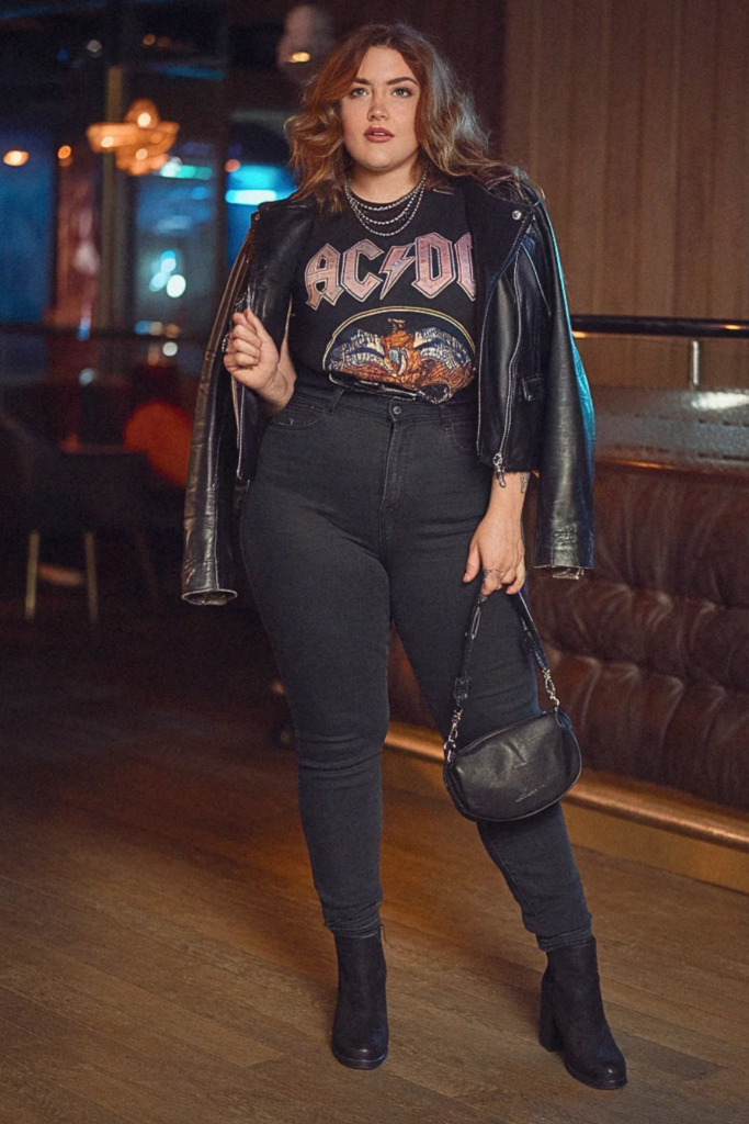 Plus Size Fall Graphic Tee and Leather Jacket Going Out Outfit