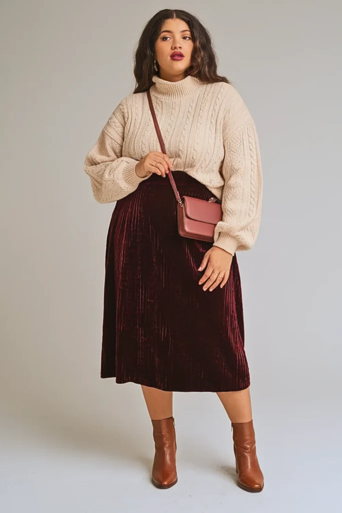 Plus Size Autumn Burgundy Velvet Midi Skirt Outfit