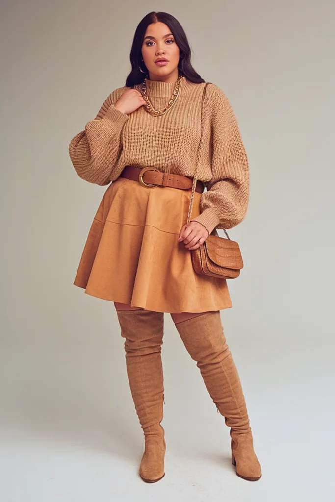 Plus Size Autumn Camel Suede A-Line Mini Skirt Outfit