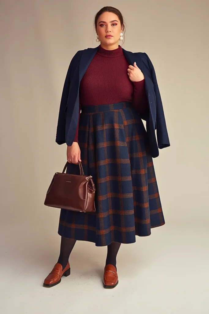 Plus Size Autumn Navy Plaid Wool Tea Length Skirt Outfit