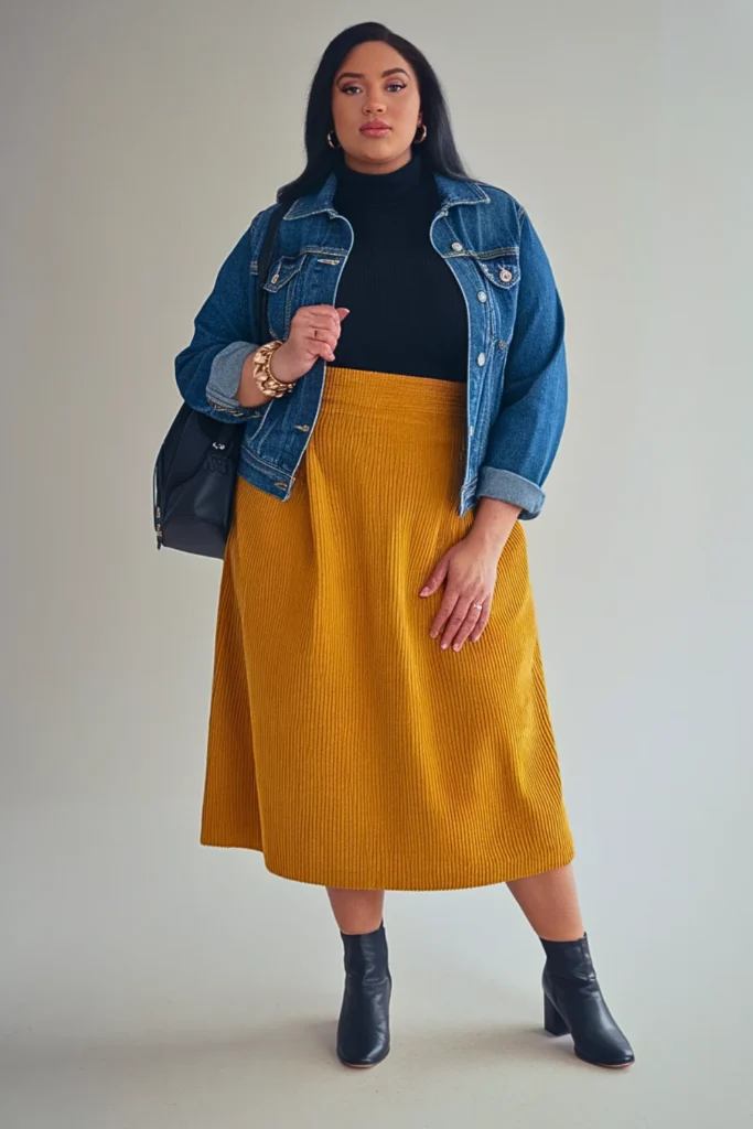 Plus Size Autumn Mustard Corduroy Skirt Outfit