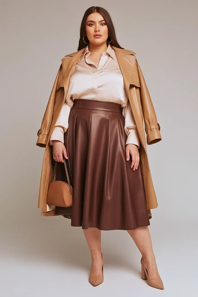 Plus Size Autumn Brown Leather A-Line Skirt Outfit