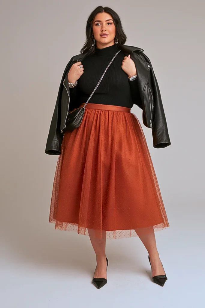Plus Size Autumn Rust Tulle Midi Skirt Outfit