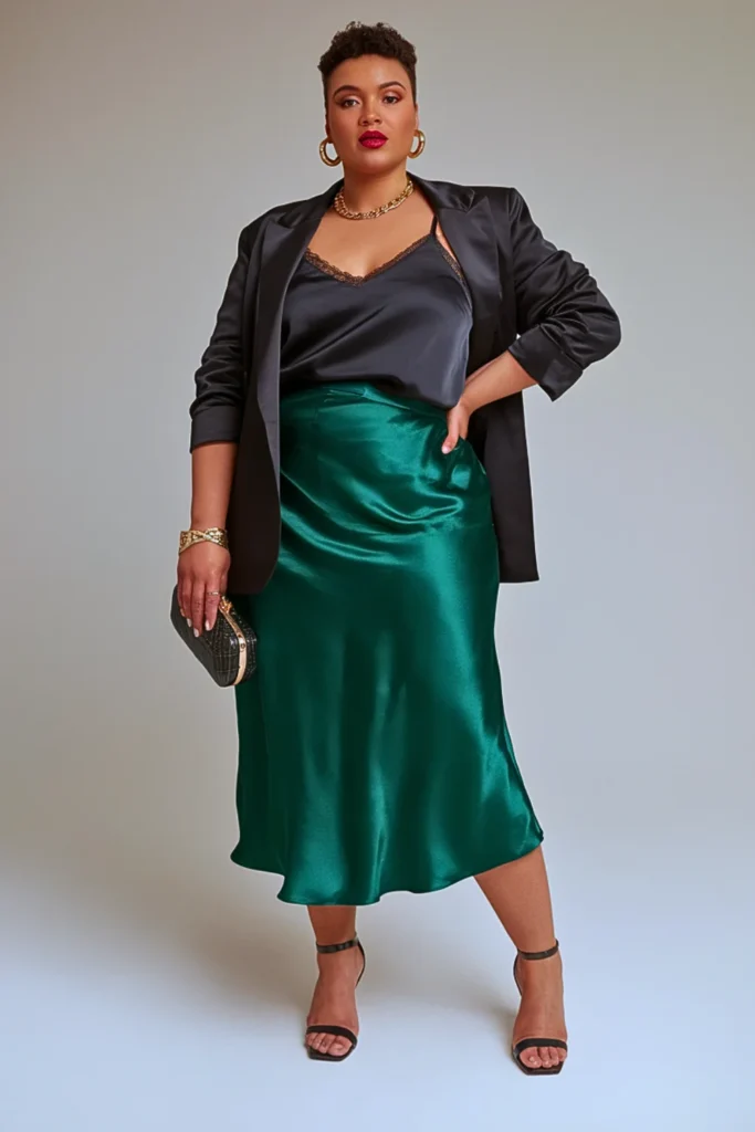 Plus Size Autumn Satin Slip Skirt Outfit