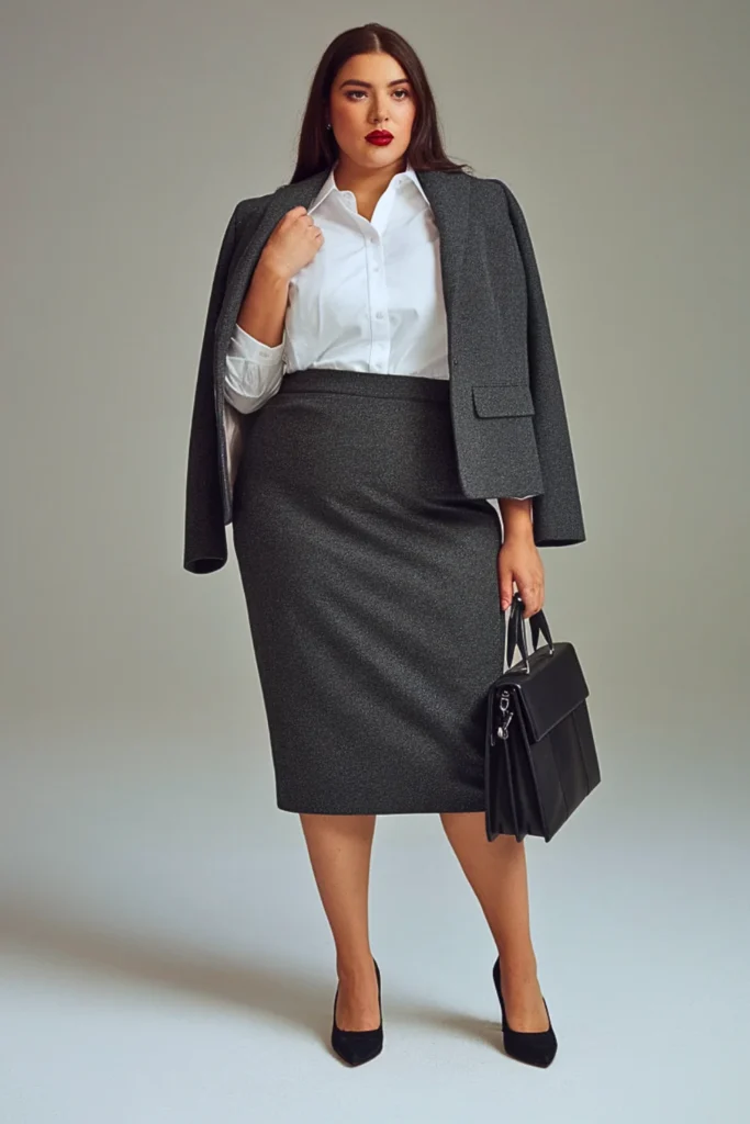 Plus Size Autumn Tweed Pencil Skirt Outfit