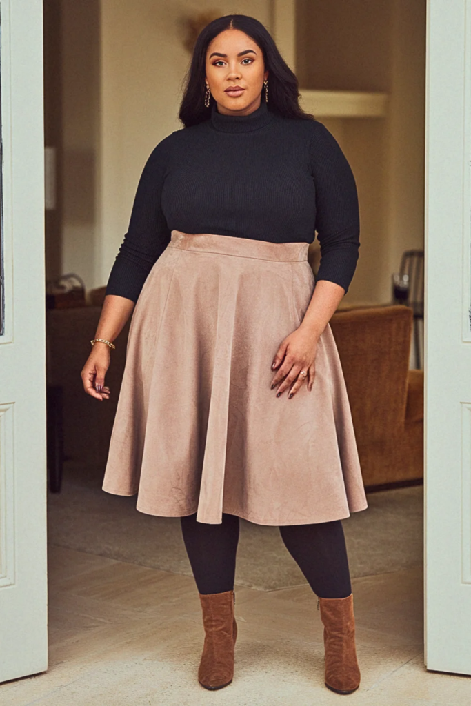 Plus Size Taupe Suede Skirt Fall Outfit