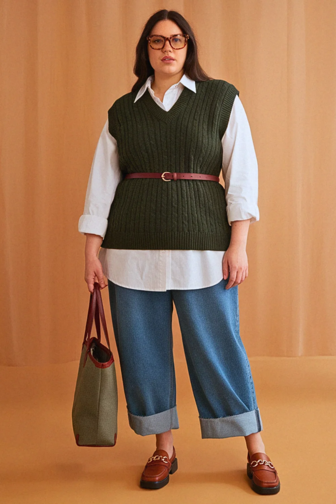 Plus Size Sweater Vest Preppy Fall Outfit