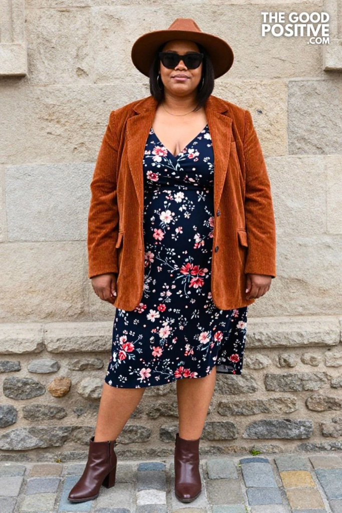 Plus Size Rust Corduroy Blazer Over Floral Midi Dress