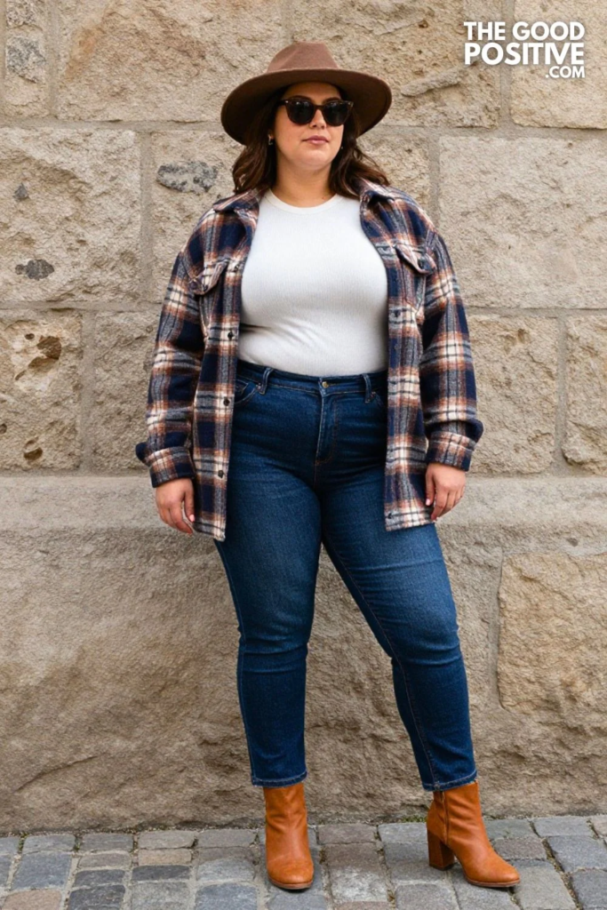 Plus Size Plaid Shacket With Dark Wash Straight-Leg Jeans