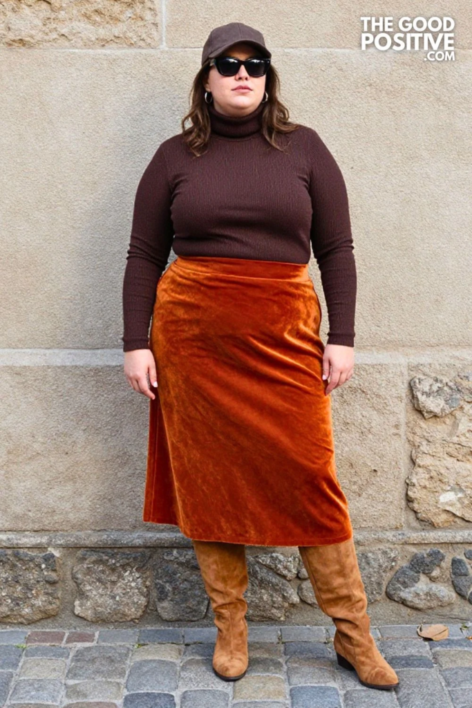 Plus Size Burnt Orange Velvet Midi Skirt With Ribbed Turtleneck
