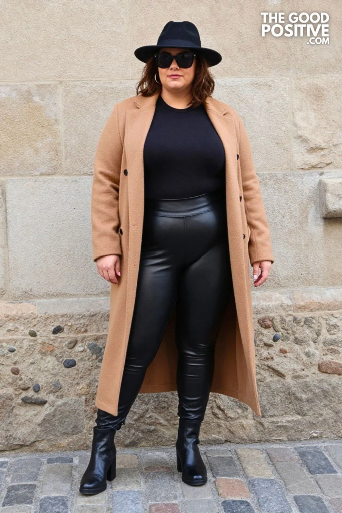 Plus Size Faux Leather Leggings With Longline Duster Cardigan